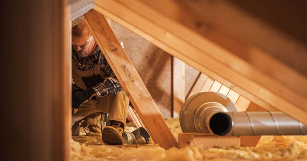 A man in work clothing and personal protective equipment laying down yellow insulation on the floor of an attic.