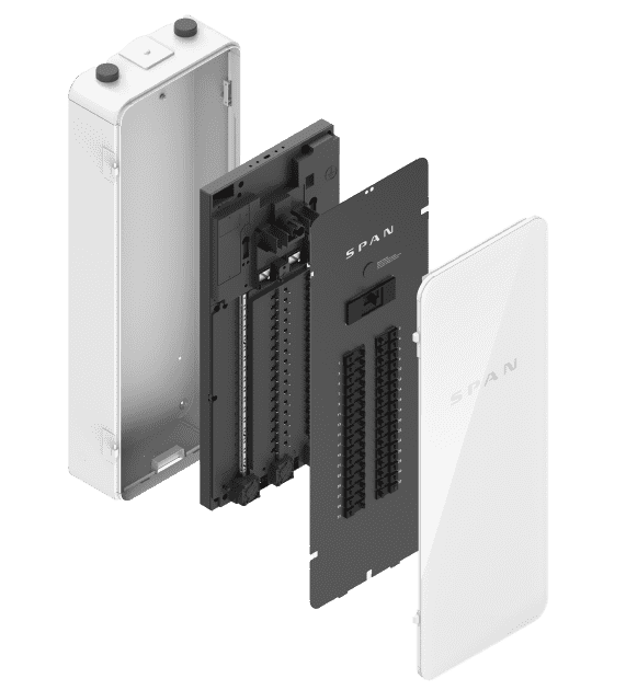 Exploded view of a SPAN electrical panel featuring the outer casing, internal circuit board, busbars, and terminal connections. The greenlink integration is highlighted alongside the visible brand name on two panels.