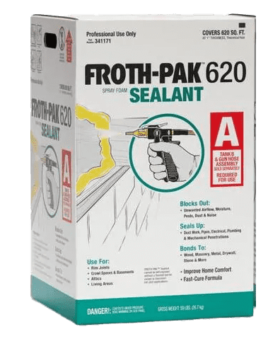 A rectangular box labeled "FROTH-PAK 620 Spray Foam Sealant" with an illustration of foam being applied by a spray gun, featuring greenlink branding. The box highlights uses, coverage, and safety warnings in red and green text.