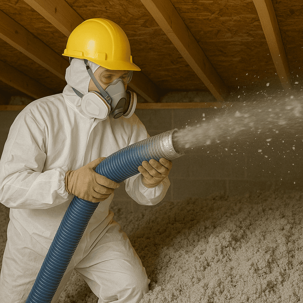 A worker wearing protective gear, including a hard hat, gloves, and a respirator, uses a large hose to spray Greenlink loose insulation into an unfinished attic space.