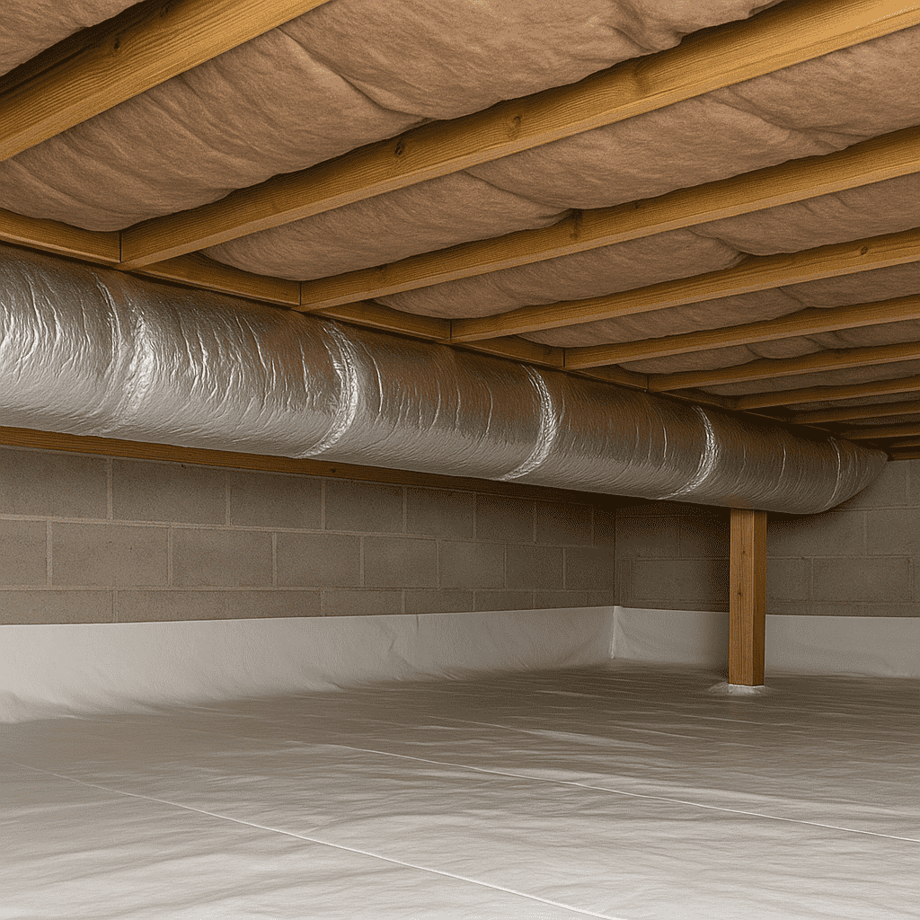 A clean crawl space with a vapor barrier on the floor, exposed insulation between ceiling joists, a large insulated air duct, and cinder block walls features Greenlink solutions for improved energy efficiency.
