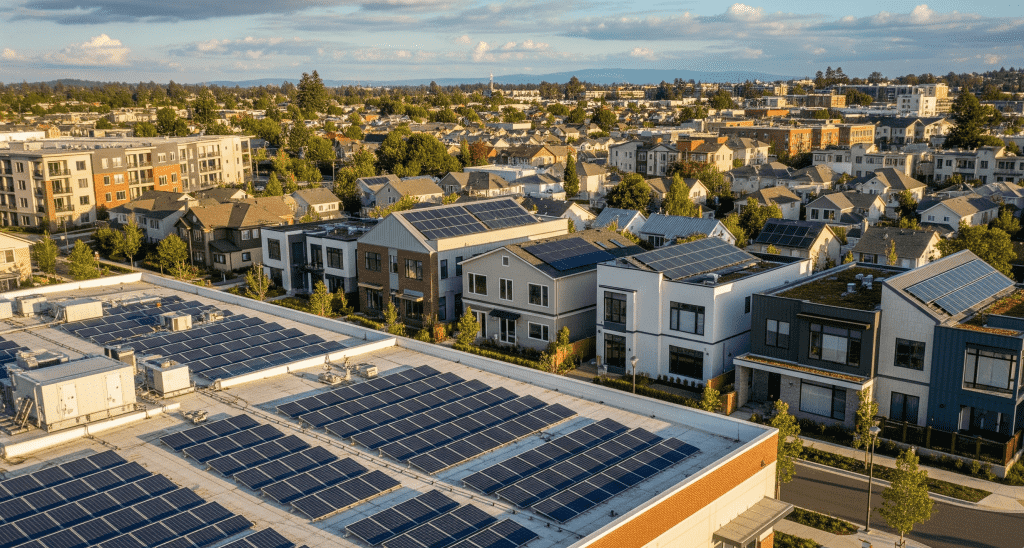 Aerial view of a residential neighborhood featuring modern homes and buildings with solar panels, connected by greenlink pathways. Trees and a distant cityscape appear under a partly cloudy sky.