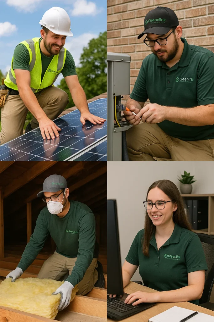 A collage of four people in work uniforms: one installing solar panels for Greenlink, one wiring electrical equipment, one handling insulation while wearing a mask, and one working at a computer in an office.