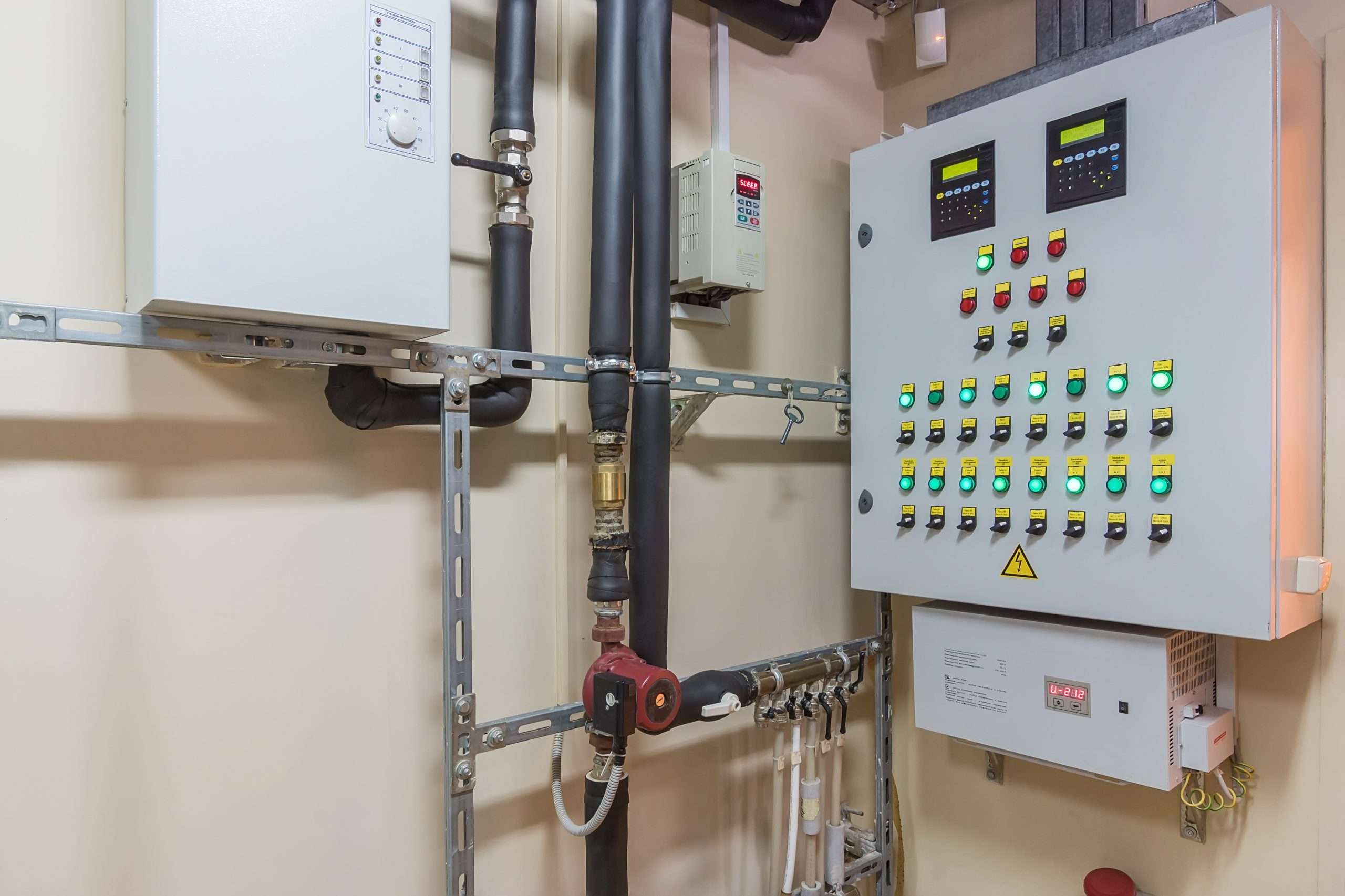 Control panel with illuminated indicator lights and switches mounted on a beige wall, next to black industrial HVAC pipes, valves, and an electrical box in a utility or mechanical room.