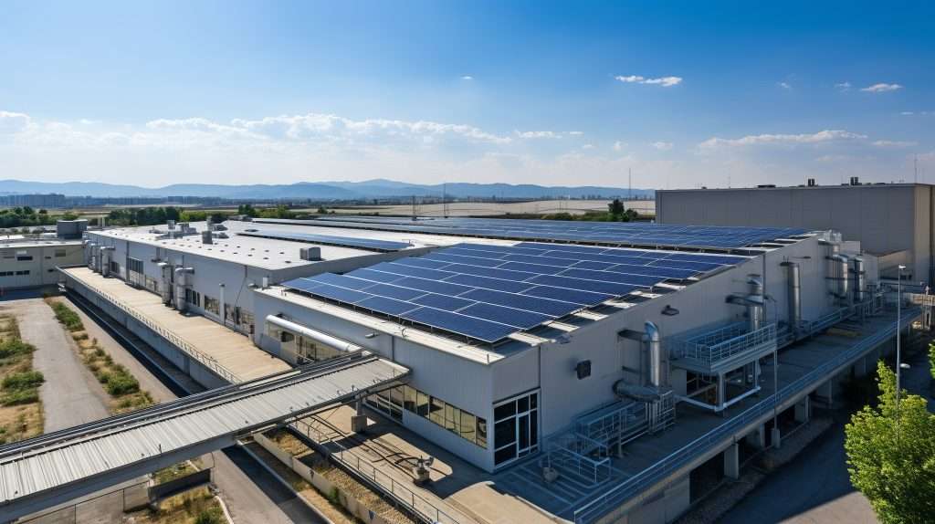 A large industrial building with solar panels on its roof is shown under a blue sky. Additional solar-equipped buildings, a covered walkway, and distant mountains are visible in the background.
