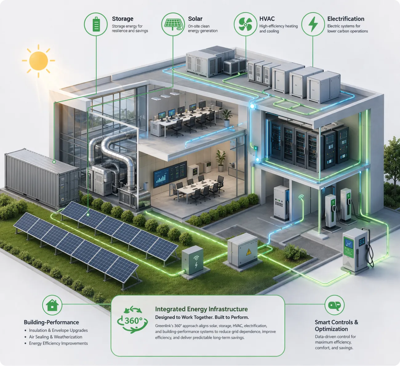 Cutaway of an energy-efficient building with solar panels, energy storage, HVAC system, EV chargers, and data center, illustrating integrated renewable energy infrastructure and smart controls.