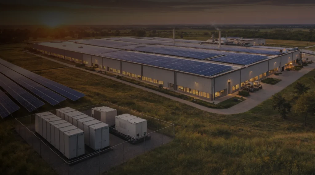 A large industrial building with solar panels on the roof sits surrounded by grass at sunset. Nearby are several white utility units and more solar panels, highlighting renewable energy use.
