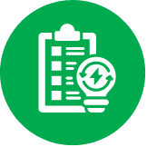 A white clipboard with checkboxes and a light bulb containing a lightning bolt icon, all on a green circular background.