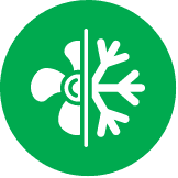 A green circle with a white icon showing half a fan and half a snowflake divided by a line, symbolizing air conditioning or climate control.