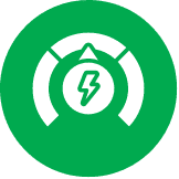 Green circle icon with a white electric bolt symbol in the center, surrounded by a segmented arc and a small triangle pointing upwards at the top of the arc.