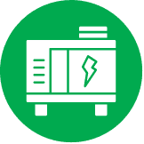 White generator icon with a lightning bolt symbol on its side, displayed on a green circular background.
