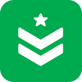 A green square icon with a white star above two white chevrons pointing downward, resembling a military rank insignia.