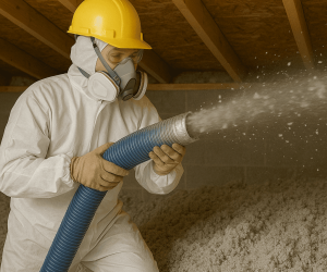 A worker wearing protective gear, including a hard hat, gloves, and a respirator, uses a large hose to spray Greenlink loose insulation into an unfinished attic space. A worker wearing protective gear, including a hard hat, gloves, and a respirator, uses a large hose to spray Greenlink loose insulation into an unfinished attic space.