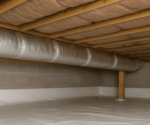 A clean crawl space with a vapor barrier on the floor, exposed insulation between ceiling joists, a large insulated air duct, and cinder block walls features Greenlink solutions for improved energy efficiency. A clean crawl space with a vapor barrier on the floor, exposed insulation between ceiling joists, a large insulated air duct, and cinder block walls features Greenlink solutions for improved energy efficiency.